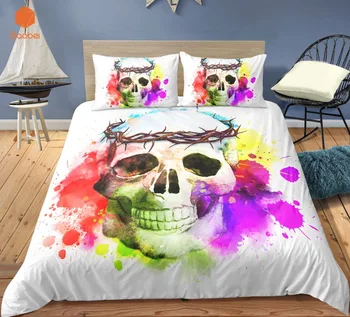 

2/3Pcs Colorful ink Cartoon Skull Bedding Set Pillowcases Duvet Cover Quilt Cover Queen King Sizes Bedspreads Sj234