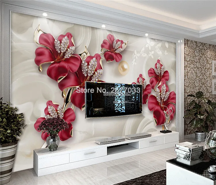 Пользовательские настенные тканевые рельефные цветы ювелирные изделия фото настенные фрески обои для 3D гостиной ТВ фон домашний декор обои 3D