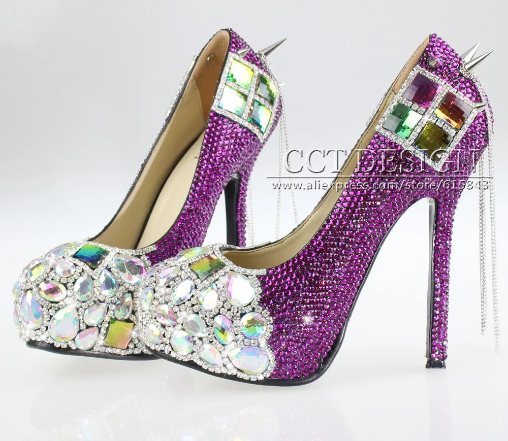 new design purple rhinestone wedding shoes rainbow spikes and crystal ...