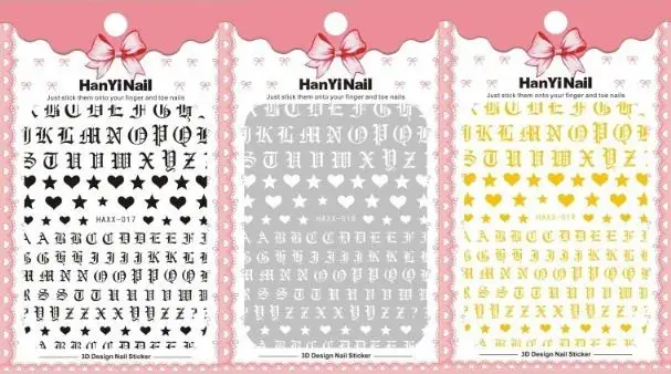 

Newest HAXX-17-18-19 Black and white gold letter 3d nail art sticker nail decal stamping export japan design