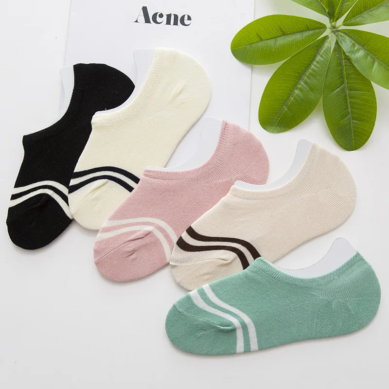 

Summer new products Pure cotton ladies striped invisible socks Shallow silicone slippery two rod boat socks