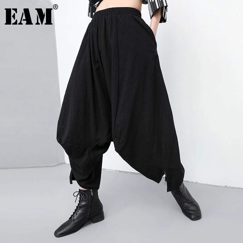 

[EAM] 2019 New Autumn Winter High Elastic Waist Black Leisrure Irregular Loose Wide Leg Pants Women Trousers Fashion Tide JQ419