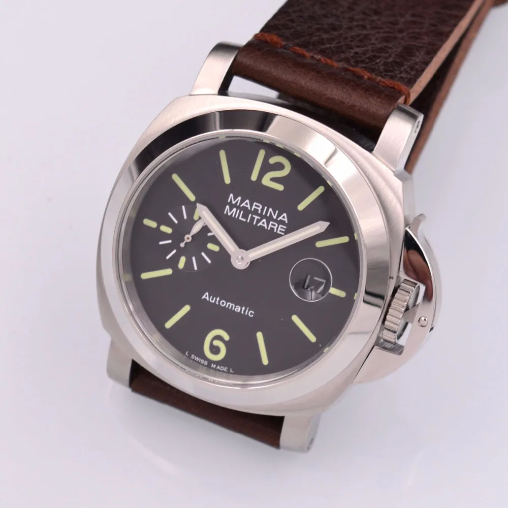 

44MM PARNIS Automatic Watch mens black Dial Mechanical Automatic Mens Watch Leather