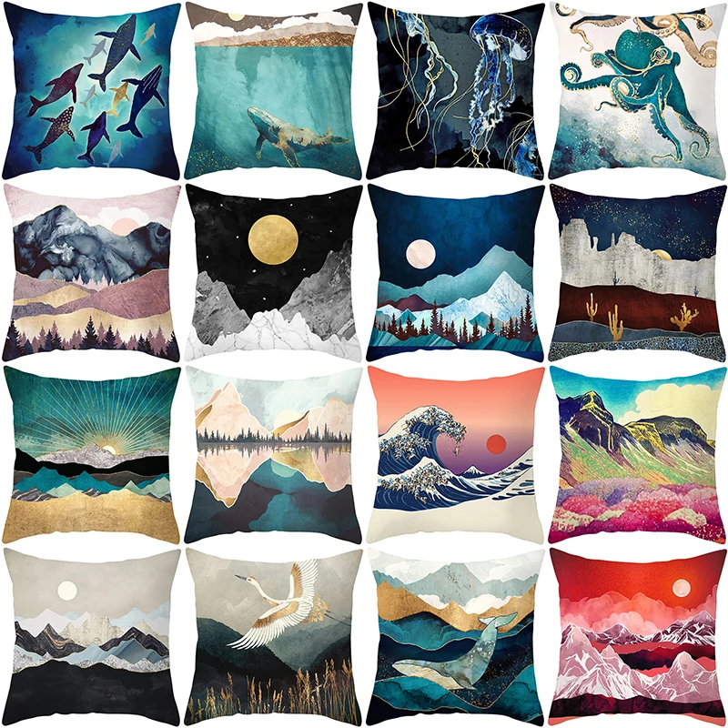 

2019 ocean mountain whale setting sun topic pillow case 45*45 cm beautiful painting pillow cover home decorative pillowcase