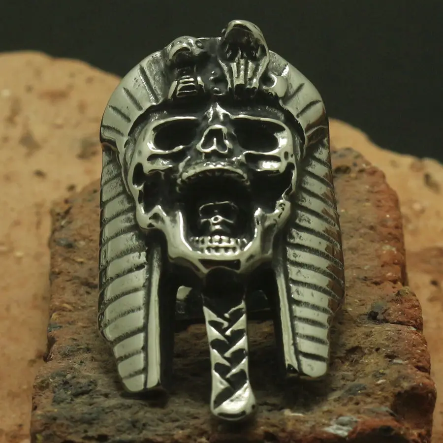 cheap Men Boy 316L Stainless Steel Silver Cool Punk Gothic Pharaoh King Skull Ring
