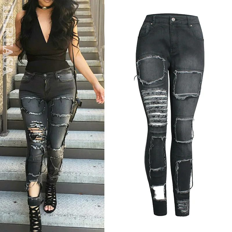 Большие размеры, Узкие рваные джинсы, черные рваные джинсы, женские рваные джинсы, дизайн икона, сломанные стрейч, узкие джинсовые брюки-карандаш
