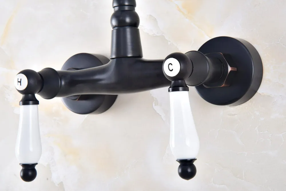 Kitchen Wet Bar Bathroom Vessel Sink Faucet Black Oil Rubbed Brass Wall Mounted Swivel Spout Mixer Tap Dual Ceramic Lever mnf825