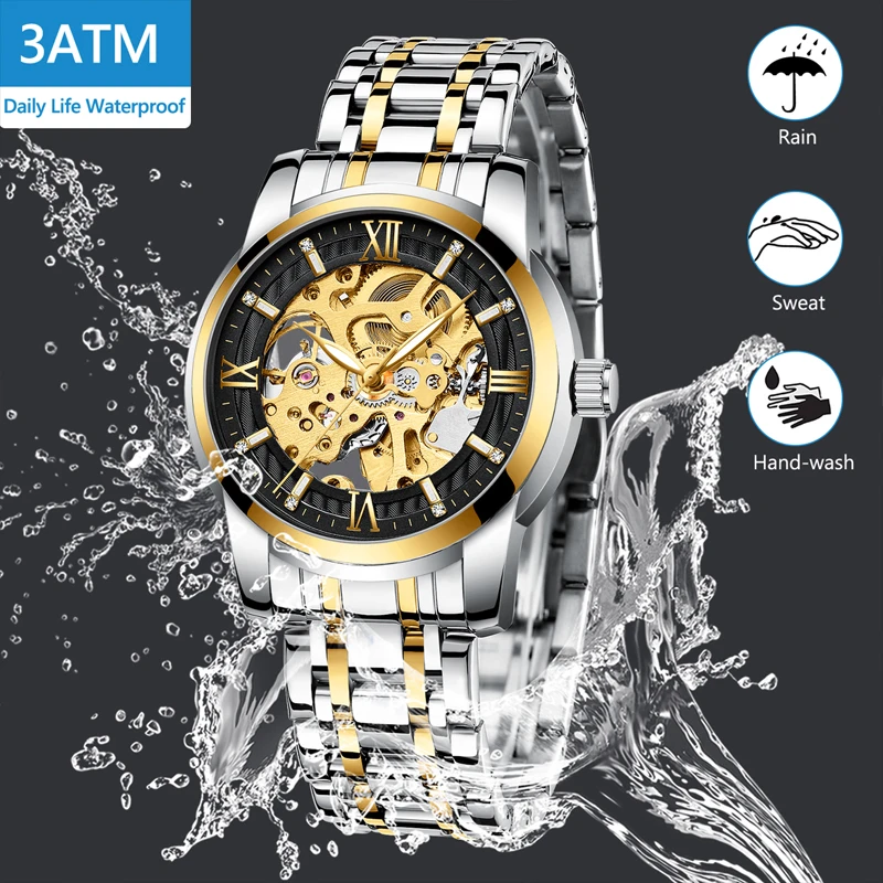 2019 الفاخرة المغليث التلقائي الميكانيكية ووتش الرجال الفولاذ المقاوم للصدأ الرياضة للماء الهيكل العظمي ووتش الرجال الساعات أعلى العلامة الت...