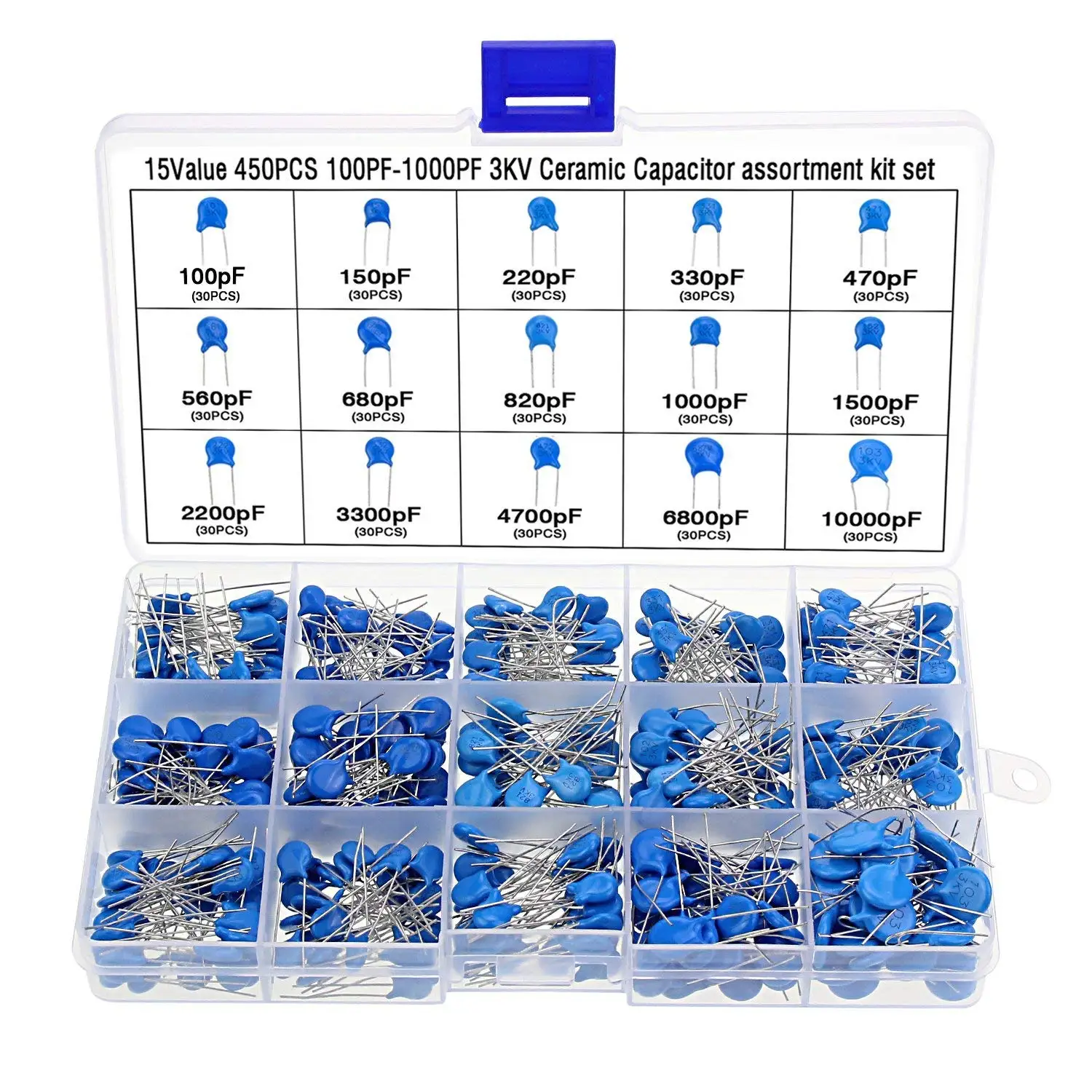 

15Values 450PCS High Voltage Dip Ceramic Capacitor Assortment Kit Range 100PF-10000PF 3KV (15Values 450PCS) Dropshipping