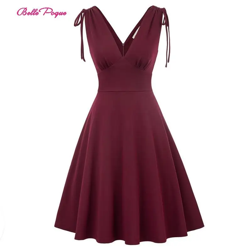 

Belle Poque Fashion Women's Sleeveless Vintage Summer Dresses V Neck Zipper Back 50s 60s Swing Retro Flared Party A Line Dress