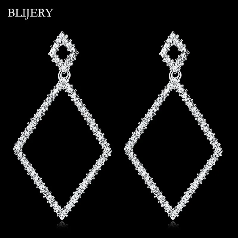 

BLIJERY Fashion Geometric Shape Dangle Earrings for Women Silver Color Rhinestone Crystal Bridal Long Earrings Wedding Jewelry