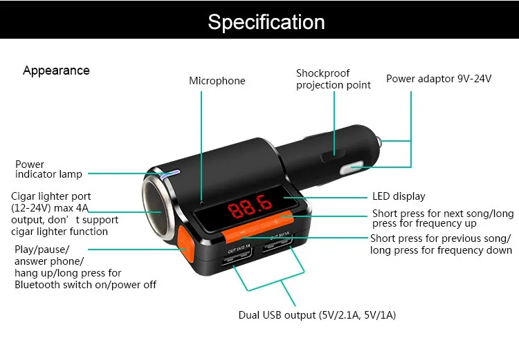 STOD Dual USB Автомобильное зарядное устройство 3.1A прикуриватель Bluetooth fm-передатчик AUX для iPhone 5 6s 7 Plus samsung Xiaomi huawei аудио