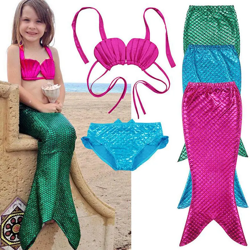 Маскарадный костюм из 3 предметов для девочек; детский купальник с хвостом русалки; комплект бикини; купальный костюм; От 3 до 9 лет
