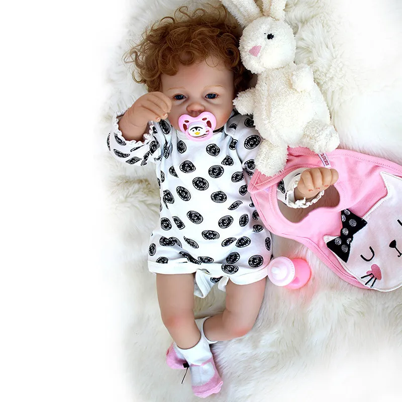 

53cm Kawaii Silisone Reborn Dolls Blue Eyes Doll Baby Real with Curly Hair Baby Toys Accompanying Doll for Girls Gifts Juguetes