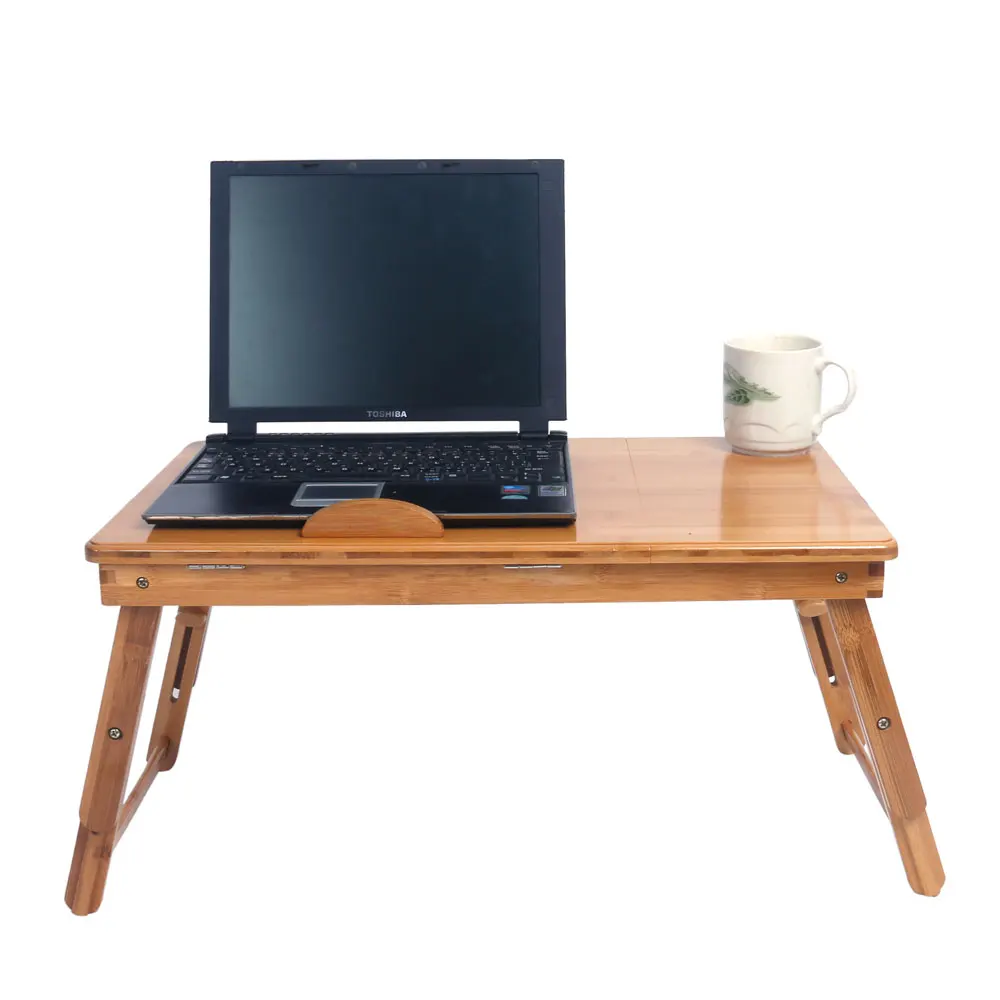 

53cm Hollowed-out Pattern Adjustable Computer Desk with Cup Stand Wood Color