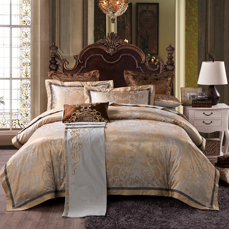 4pc Gray Gold Jacquard Bedding Sets Queen King Size Duvet Cover