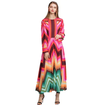 

WQJGR 2019 Dresses Woman Party Night O-Neck Ankle-Length Plus Size Striped Print Long Sleeves Sexy Dress