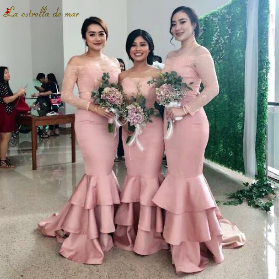 

Robe demoiselle d'honneur2018 new lace Boat Neck long sleeve sexy mermaid blush pink bridesmaids dresses long plus size wedding