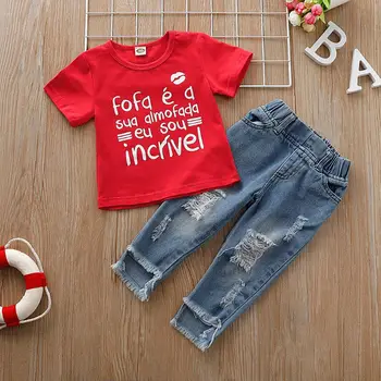 

2PCS Toddler Baby Girls Clothing Summer Cool Kids Girls Letter Printed T Shirt Tops+Ripped Denim Jeans Pants Outfits Set