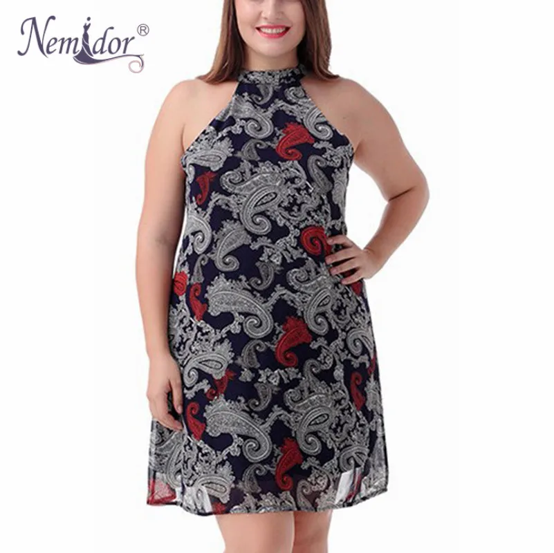 

Nemidor Women Summer Sleeveless Chiffon Knee Length Vintage Print Dress Sexy Off The Shoulder Patchwork 8XL Plus Size Dress