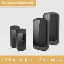 Wireless Black Waterproof Touch LED Door Bell EU/US Plug Wireless Doorbell kits 2Push Doorbells Button+2 Receivers with Battery