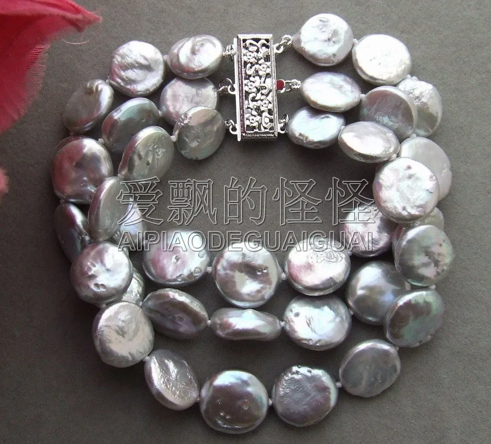 

B011618 14MM Gray Coin Pearl Bracelet