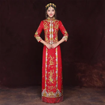 

Chinese Bride Wedding Dress Vintage Mandarin Collar Vestidso Tight Women Cheongsam Tassel Embroidery Dragon Toast Clothing Qipao