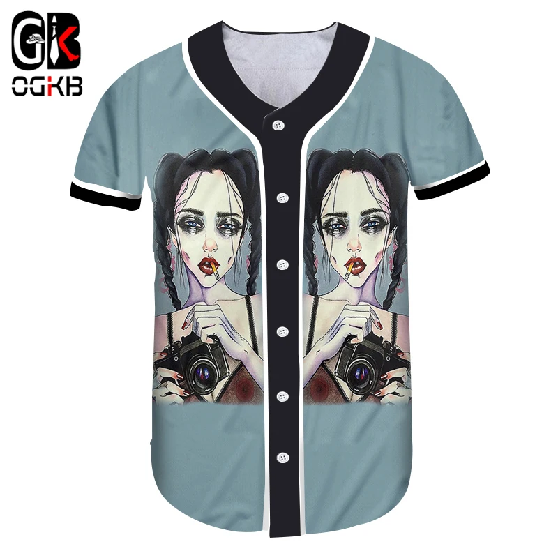 

OGKB 2018 Grunge 3d Printing Smoking Camera Girl Baseball Tshirts Shirt Short Sleeve Underwear Unisex Casual Bodybuilding Shirts