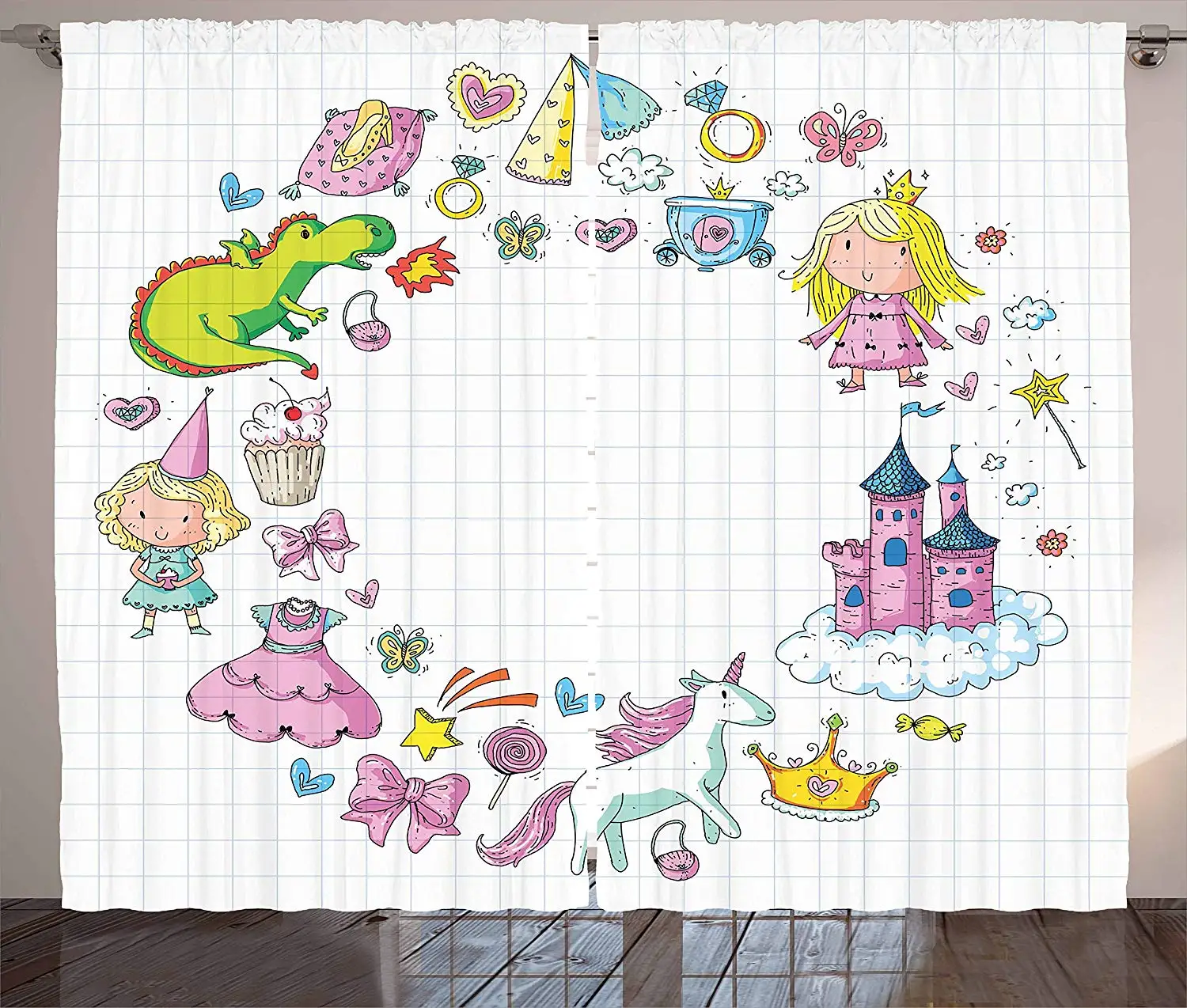 

Unicorn Party Kitchen Curtains Fantastic Fairy Tale Elements Fire Breathing Dragon Princes Castle on Cloud Window Decor Panel