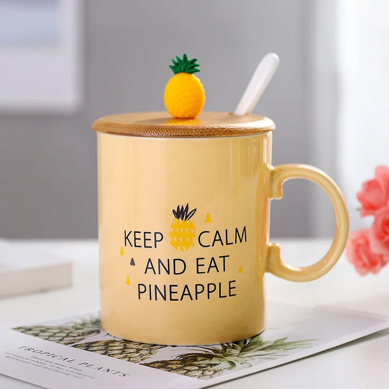 03 New summer pineapple fruit ceramic mug with spoon lid,Tea Milk Cups and Mugs Creative Drinkware Couple Mug For Gift 450ml - Цвет: 03