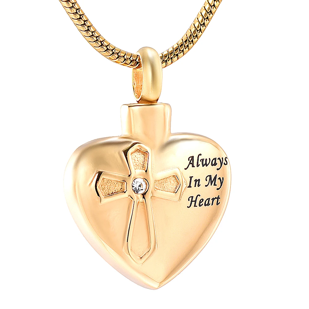

K12442 Always In My Heart Crystal Inlay Cremation Jewelry for Ashes Pendant Urn Stainless Steel Keepsake Memorial Women Necklace