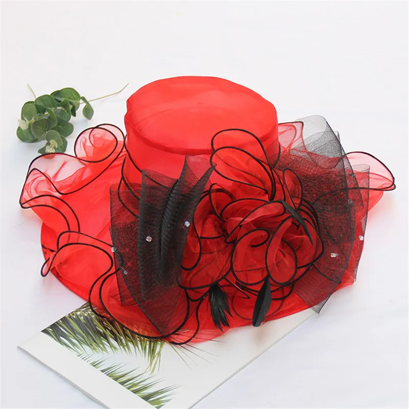 Mingli Tengda, новинка, свадебная шляпа для женщин, Элегантные Свадебные шляпы из органзы с цветком, летняя пляжная шляпа с козырьком, chapeau femme mariage - Цвет: Красный