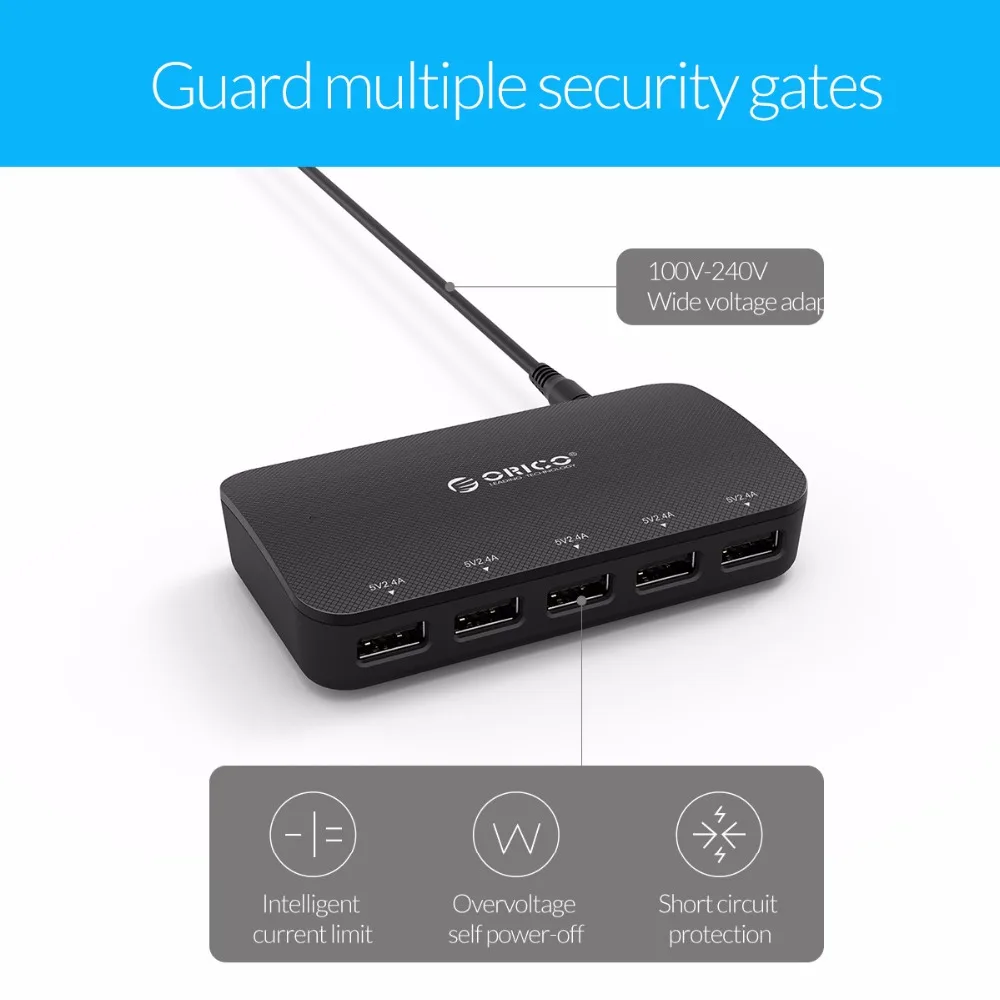 ORICO EU USB Charger Smart 5 Port Desktop Charger Mobile Phone Travel Charger Intelligent Charging For Smartphone With Adapter