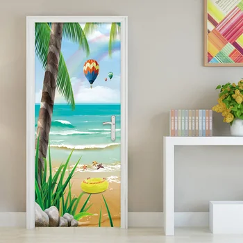 

3D Wallpaper Palm Beach Hot Air Balloon Nature Landscape Photo Wall Murals Home Decor PVC Self-Adhesive Waterproof Door Sticker