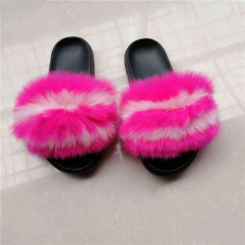 Women Fox Fur Slippers Real Fox Fur Slides Lovely Plush Slippers Woman Summer Home Sandals Women Fur Slides Furry Flip Flops Hot