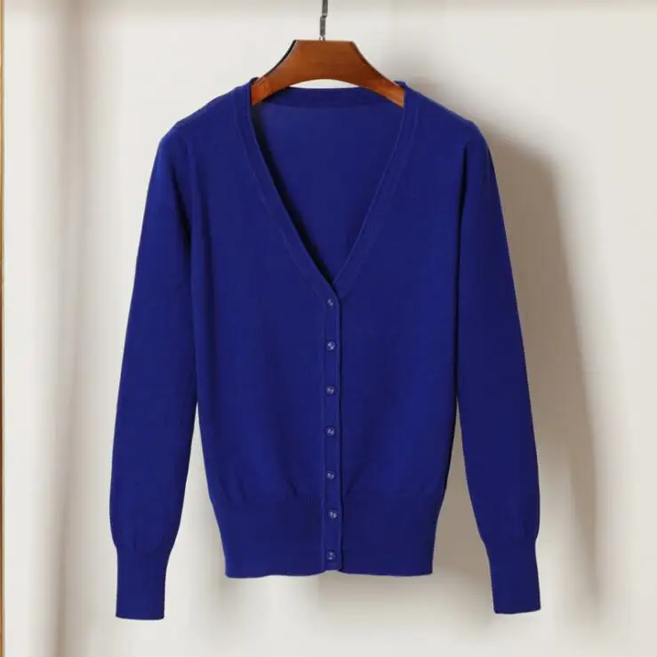 sapphire blue Queechalle, 28 цветов, вязаные кардиганы, весна-осень, кардиган, женские повседневные топы с длинным рукавом, v-образный вырез, Однотонный женский свитер, пальто - Цвет: sapphire blue