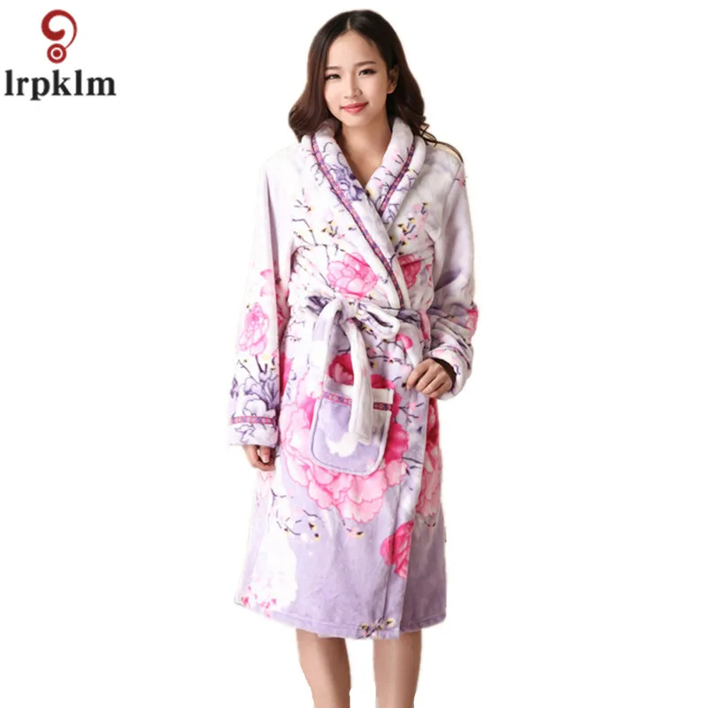 Womens Cotton Bathrobe Long Coral Fleece Floral Nightgowns Sleep Lounge Dress Gowns For Women Sleepwear Female Bath Robe SY600