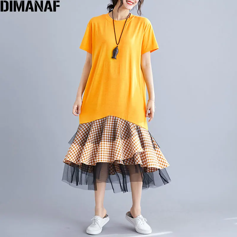 DIMANAF, летнее женское платье, плюс размер, хлопок, пэчворк, кружево, тонкое, в клетку, женское, свободное, элегантное, модное, новое, большое, длинное платье