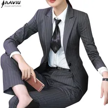 Зимний модный женский костюм в полоску с брюками, деловой костюм с длинным рукавом, Тонкий Блейзер и брюки, Офисная Женская одежда размера плюс для работы