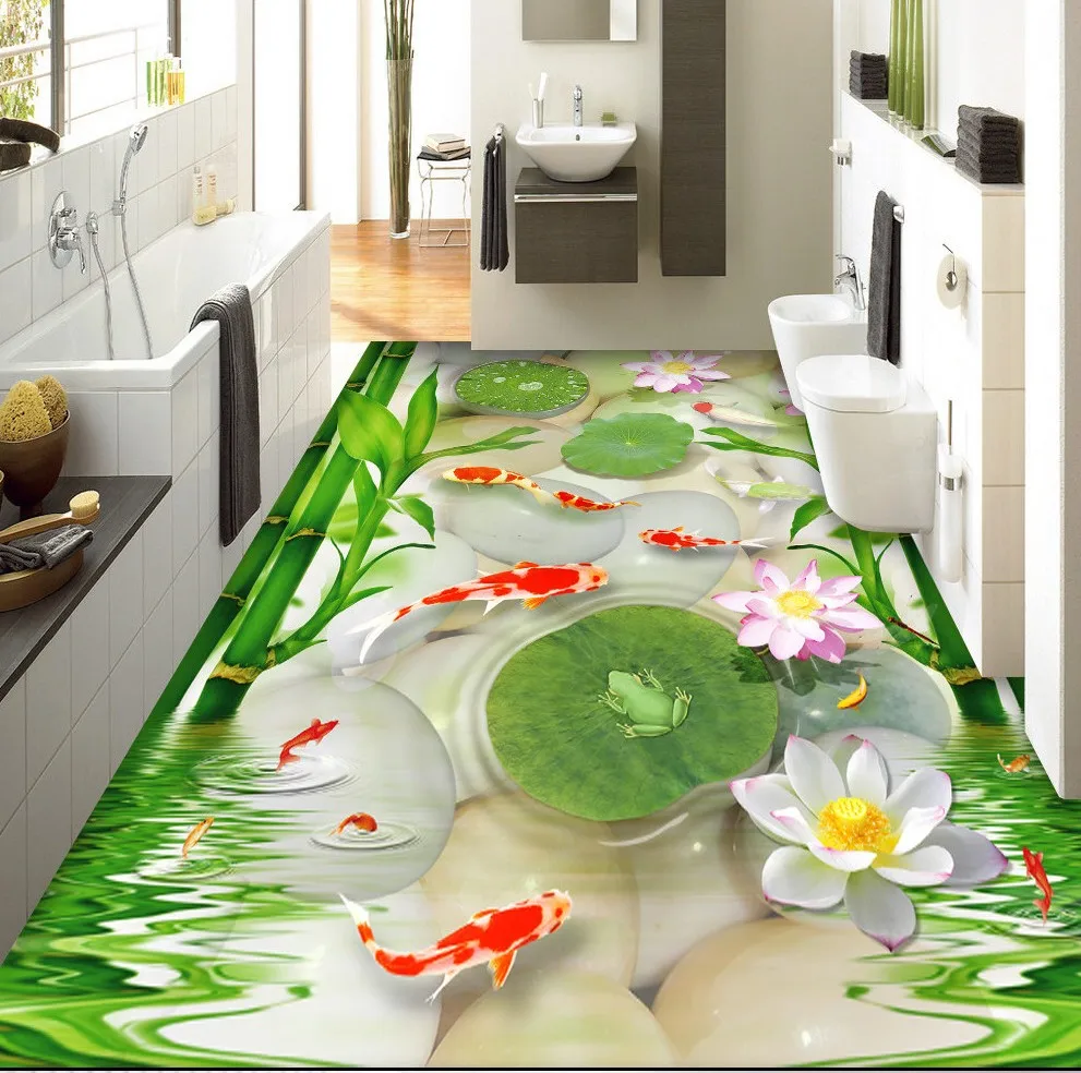 Free Shipping Goldfish cobblestones bamboo lotus leaf frog 3D floor
wear non-slip restaurant lobby bedroom study flooring mural