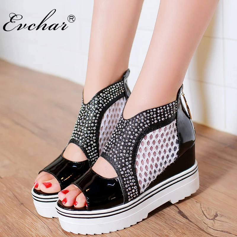 

EVCHAR new women Sandals Summer concise peep Toe mesh Platform High Heels Wedge thick bottom Sandals gladiator Shoes size 34-43