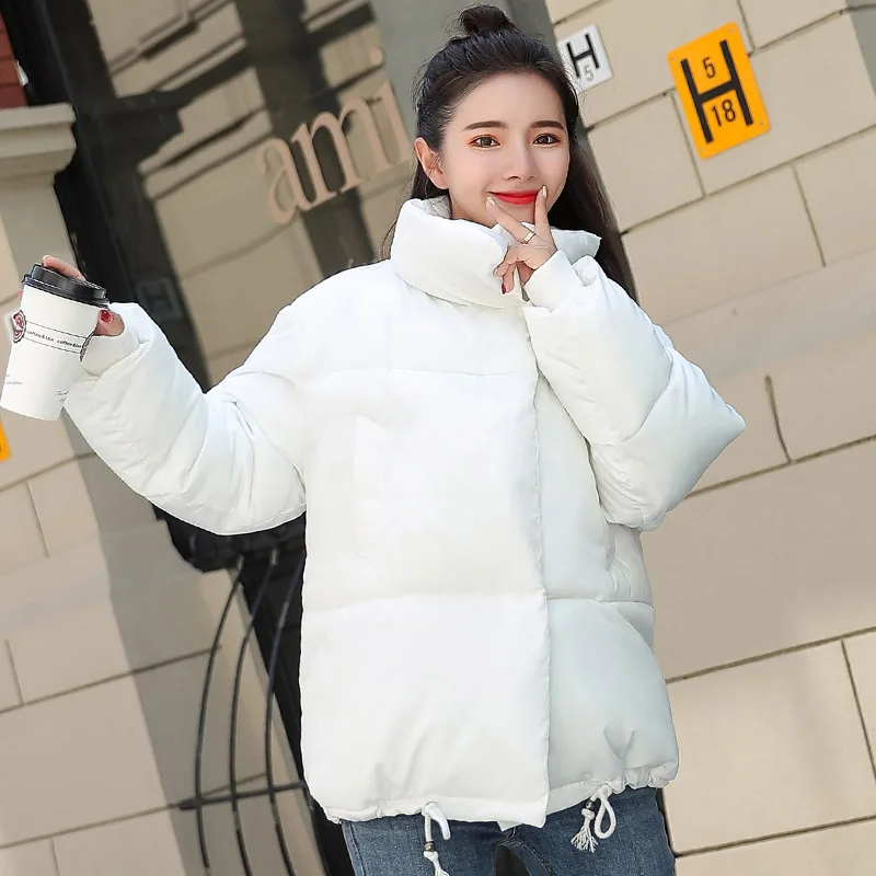 Новинка, корейский стиль, зимняя женская куртка со стоячим воротником и пуговицами, женское короткое пальто, свободная парка большого размера - Цвет: White