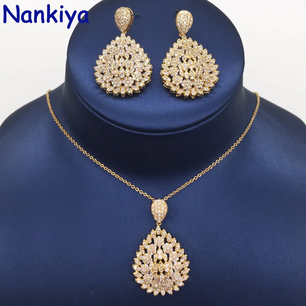 Nankiya Brilliant New Zirconia Pendant Earring Set Big Water Drop Shape Classic 2PCS Women Jewelry Set Factory Price NC681