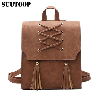 

New Hit Color PU Leather Square Backpack Girls Tassel School Bag for Teenage Girls Women Backpack Bag Mochilas Female Backpack