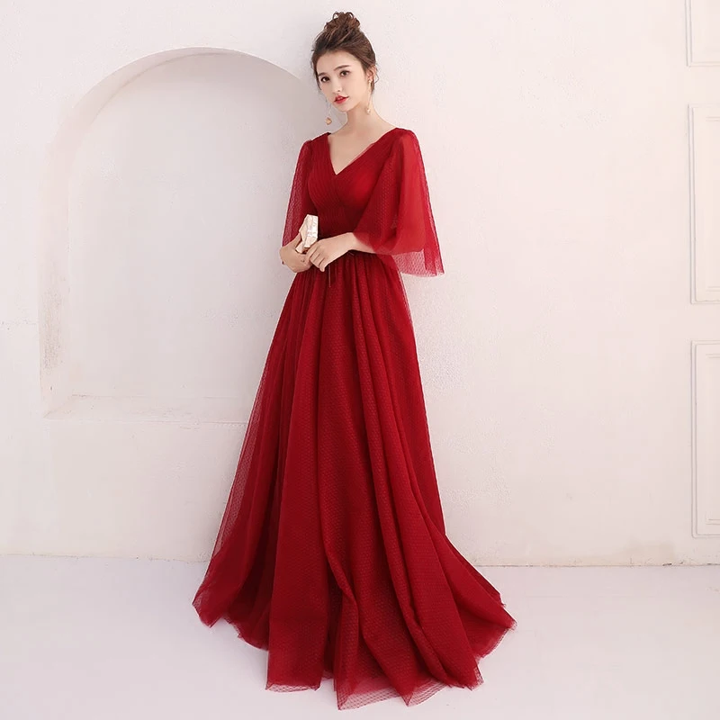

Evening Dresses 2019 Wine Red V-Neck Half Sleeve Floor Length A-Line Fashion Evening Dress Party Gown LF404