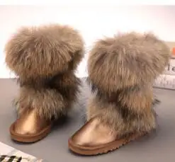 Г. Высококачественные Нескользящие женские зимние ботинки с большим лисьим мехом женская обувь женские зимние ботинки до середины икры из натуральной воловьей кожи