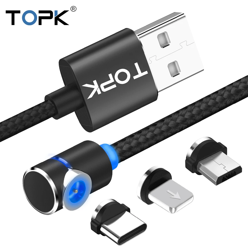 TOPK L-Line 1 м 2 м 90 градусов L Тип Магнитный кабель Micro USB кабель и usb type C светодиодный магнитный Кабель зарядного устройства для iPhone X 8 7 6