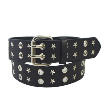 

2018 Men Punk / Rock Rivet Black PU Leather Belt Double Pin Buckle Belt