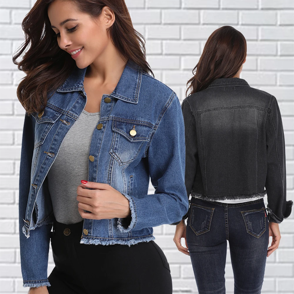 Womens Cotton Denim Jackets Button Up Turn Down Collar Frayed Denim