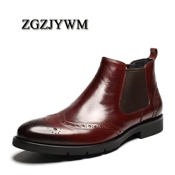

ZGZJYWM High Quality Carved Fashion Handmade Breathable Genuine Leather Boots Slip-On Pointed Toe Oxford Ankle Boots For Men